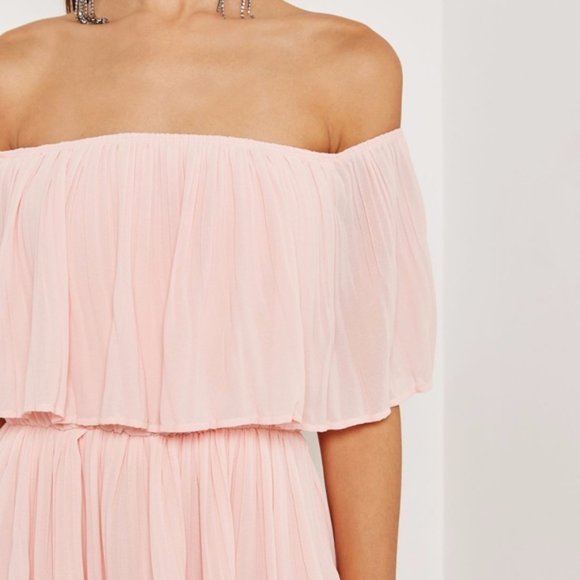 Just Me - Bardot Layered Ruffle Midi Dress - Pink - Picture 2 of 5